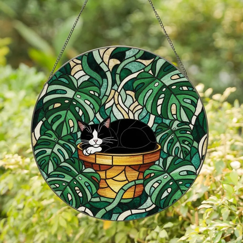 Cat Lovers' Sleepy Tuxedo Cat Stained Glass Tiffany Style Art Monstera Leaves Stained Glass Suncatcher - 1