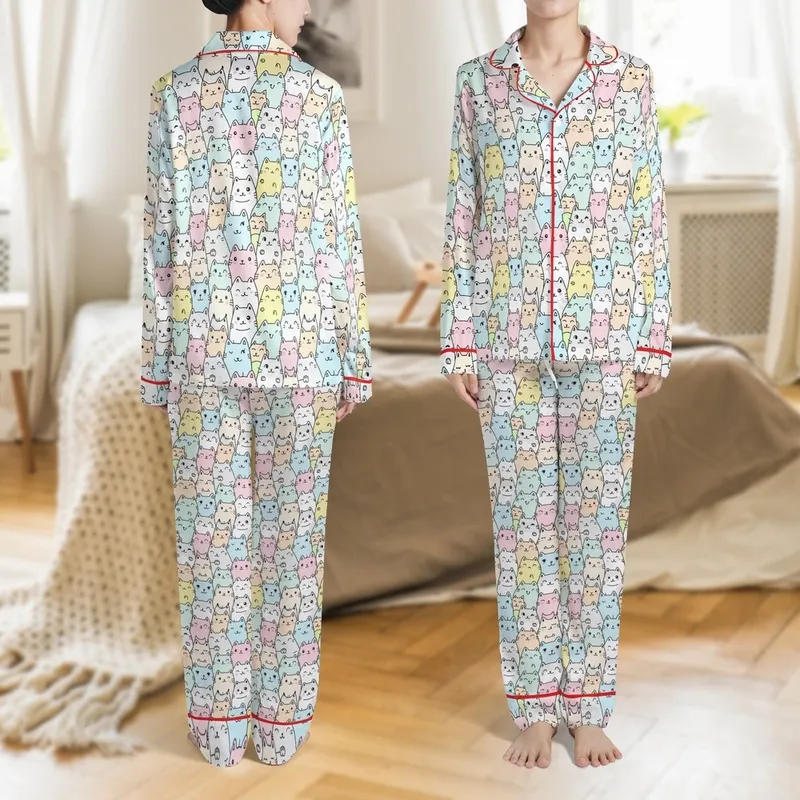 Cat Lovers' Cheerful Hand-Drawn Pastel Pink Blue Peach Cat Dense Pattern White Satin Pajamas Set - 1
