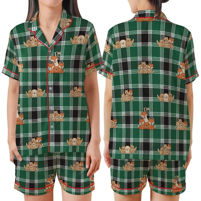 Whimsical Animal Art Lovers' Emerald Green Plaid Pattern with Playful Cartoon Dogs, Foxes, and Gentle Beige 'I'M OK' Hand Motif Satin Short-Sleeve Pajamas Set - 1