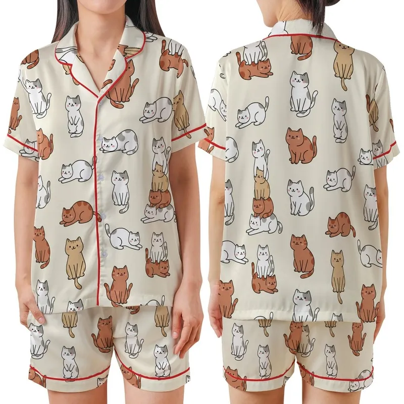 Cat Lovers' Whimsical Sweet Cartoon Cats Playful Scattered Repeating Cream Pattern Satin Short-Sleeve Pajamas Set - 1
