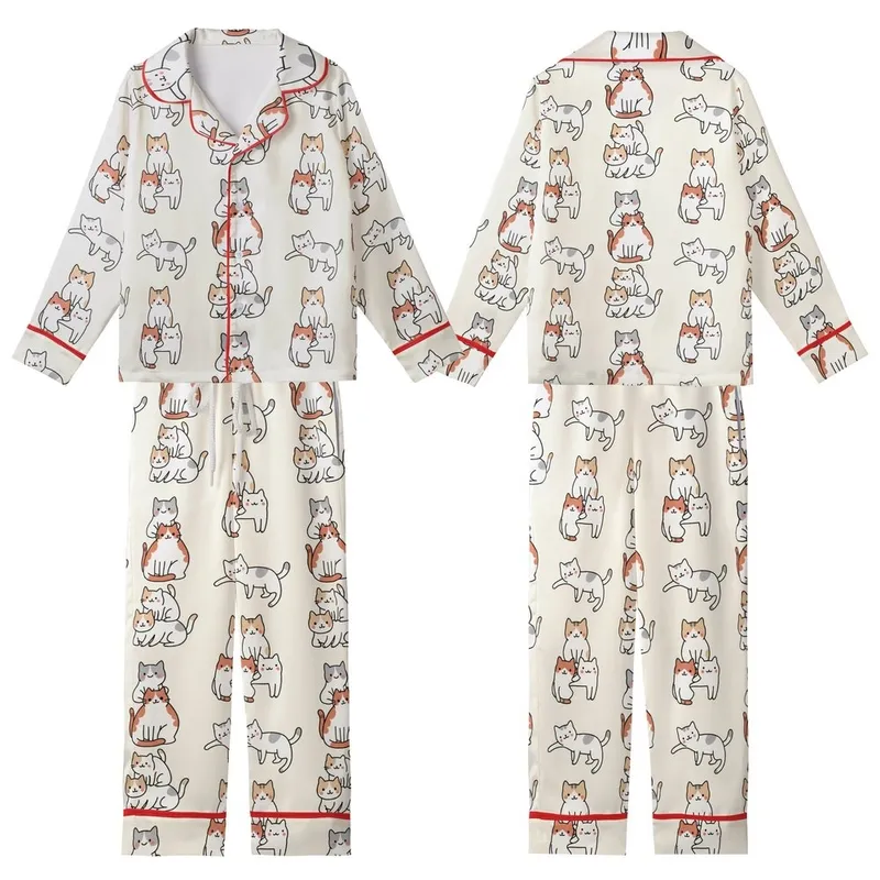 Cat Lovers' Whimsical Sweet Cartoon Cats Playful Scattered Repeating Cream Pattern Kid Satin Pajamas Set - 1