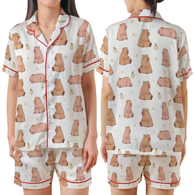 Whimsical Animal Lovers' Blush Pink Light Brown Capybara-like Pattern with Pale Yellow Flower Crowns Satin Short-Sleeve Pajamas Set - 1