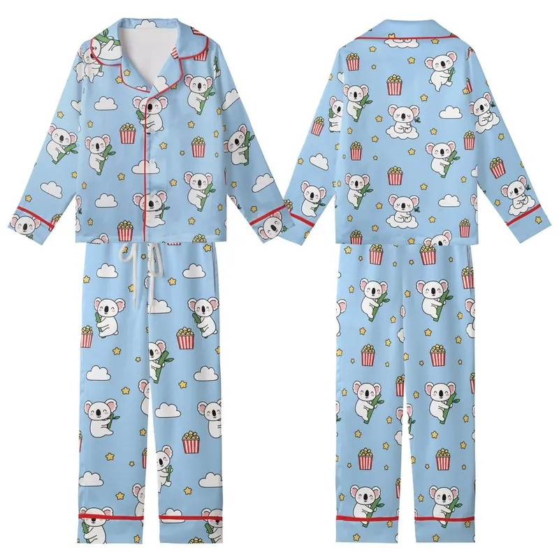 Cute Style Lovers' Playful Sleepy White Koala Popcorn Cloud Golden Star Light Blue Pattern Kid Satin Pajamas Set - 1