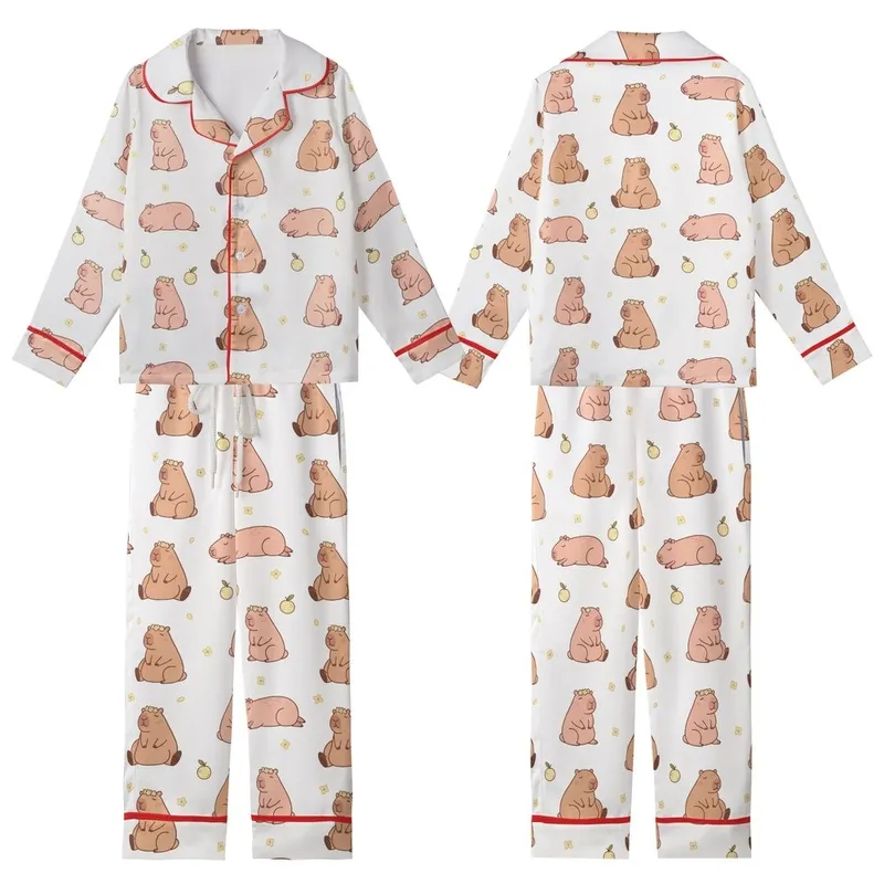 Whimsical Animal Lovers' Blush Pink Light Brown Capybara-like Pattern with Pale Yellow Flower Crowns Kid Satin Pajamas Set - 1