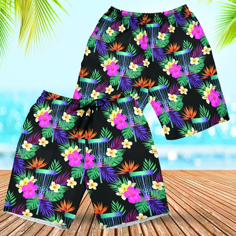 Disc Golf Aloha Pattern: Teal Basket & Tropical Bloom Design - Vibrant Fabric Art Hawaiian Shorts - 1