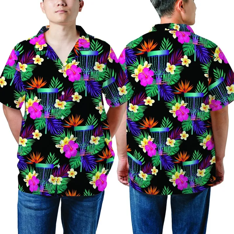 Disc Golf Aloha Pattern: Teal Basket & Tropical Bloom Design - Vibrant Fabric Art Short-sleeve Hawaiian Shirt - -2l8ynifdc