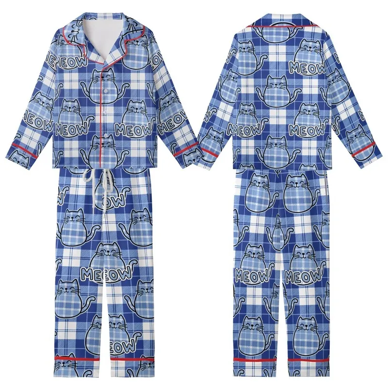 Cat Lovers' Illustrative Cool Blue Plaid Cartoon Cats & Whiskered MEOW Text Pattern Kid Satin Pajamas Set - 1