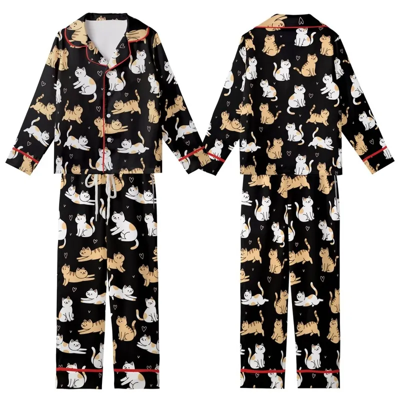 Cat Lovers' Cute Cartoon Cats Tan Striped White Orange Pink Hearts Black Pattern Kid Satin Pajamas Set - 1