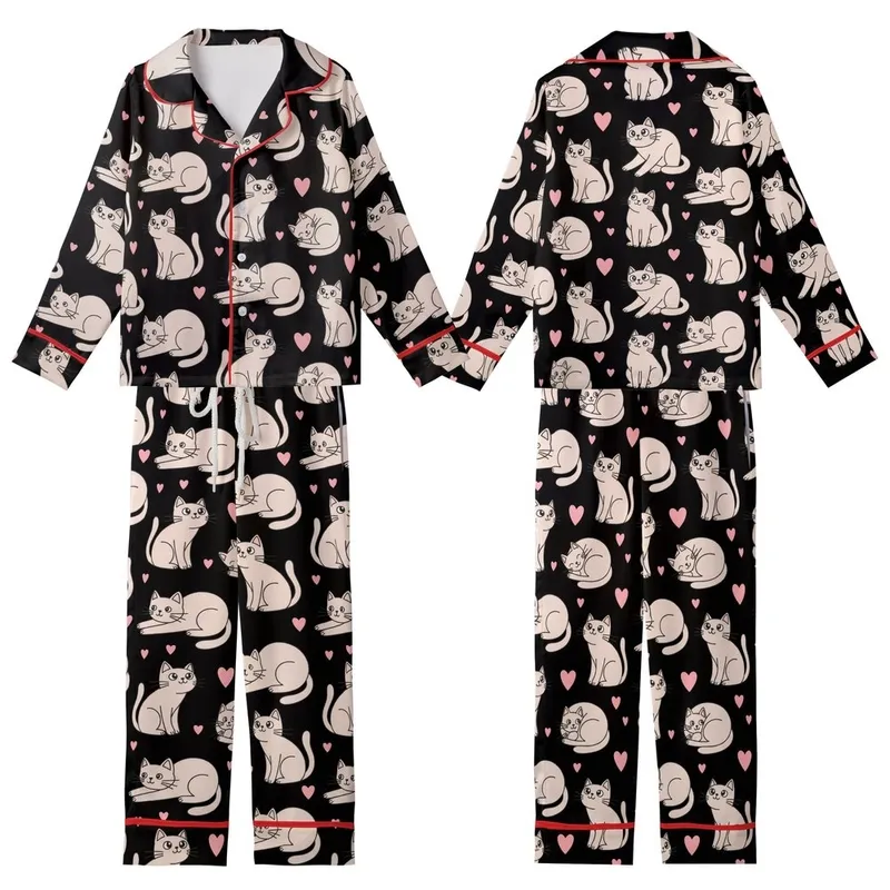 Cat Lovers' Charming Black Pink Beige Cartoon Cat Heart Hand-Drawn Seamless Pattern Kid Satin Pajamas Set - 1