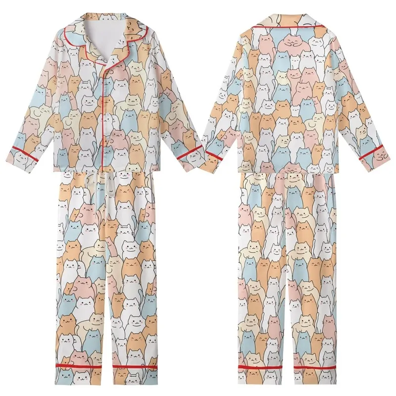 Cat Lovers' Adorable Hand-Drawn Cartoon Cats Pattern Soft Peach Pastel Pink Sky Blue Doodle Art Kid Satin Pajamas Set - 1