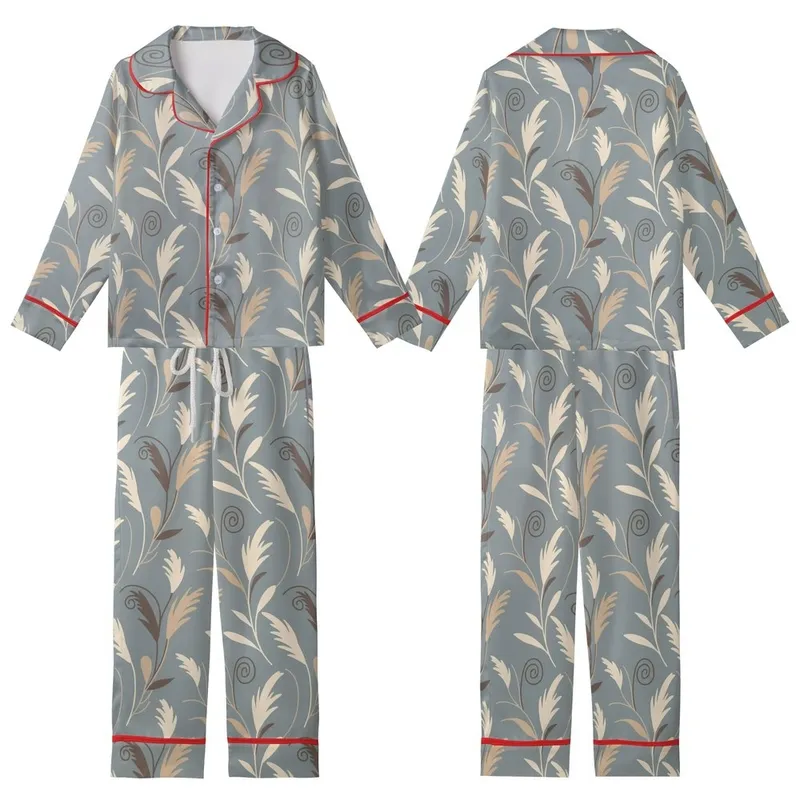 Breastfeeding Merino Wool Sleep Gown: Pampas Grass Muted Grey-Blue Organic Print Kid Satin Pajamas Set - 1