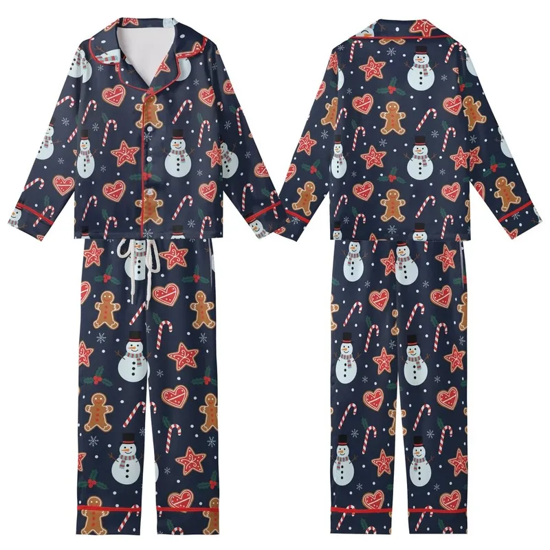 Pet & Owner Family Matching Gingerbread Snowman Holly Navy Christmas Pattern Sleep Set Kid Satin Pajamas Set - 1