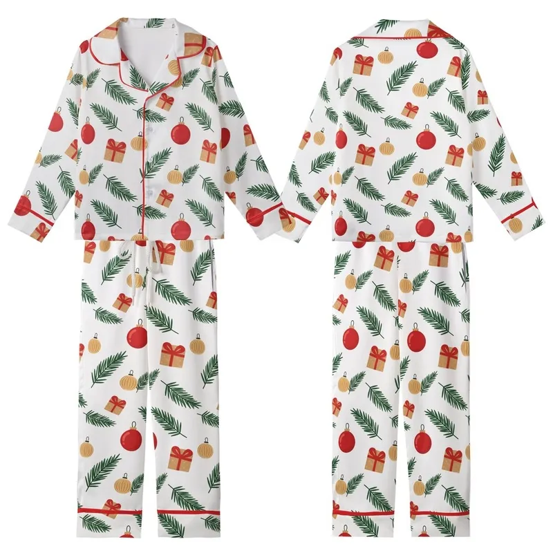 Christmas Pajamas: Classic Illustrative Evergreen Ornaments Gift Box White Sleep Set Kid Satin Pajamas Set - 1