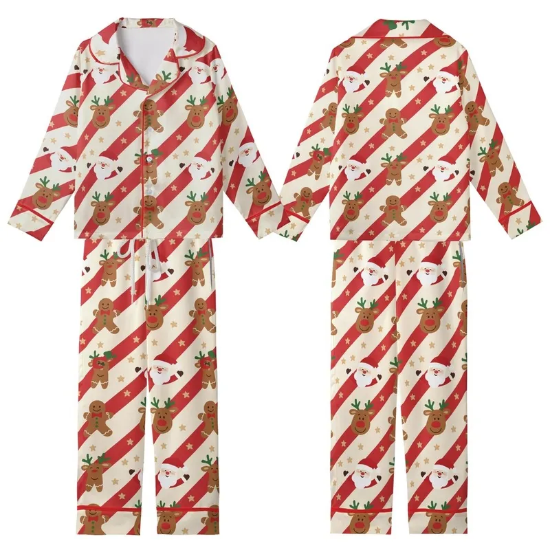 Whimsical Holiday Design: Cream Candy Cane Stripe Reindeer Santa Gingerbread All-Over Print Kid Satin Pajamas Set - 1