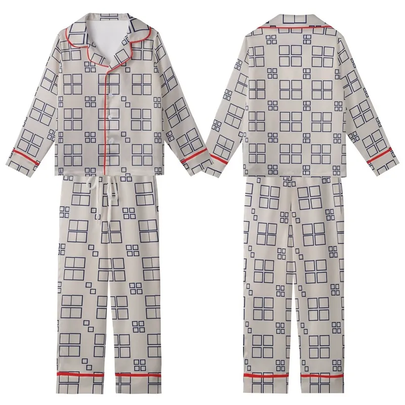 Modern Statement: Abstract Geometric Interlocking Pattern - Navy Grey Beige Wearable Design Kid Satin Pajamas Set - 1