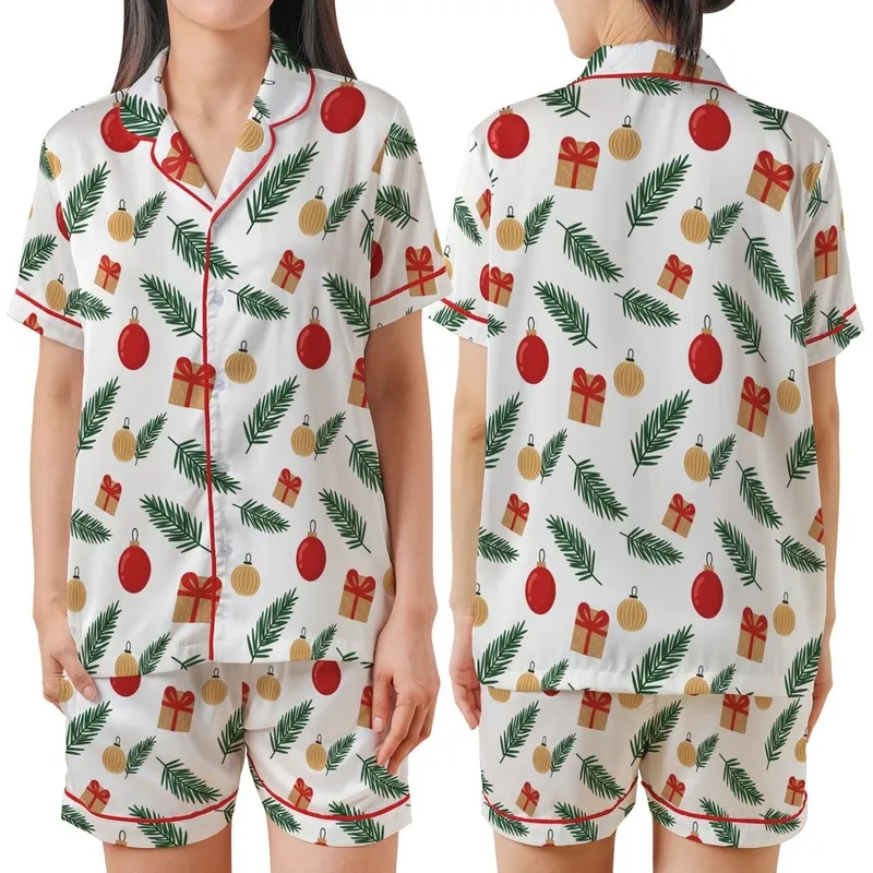 Christmas Pajamas: Classic Illustrative Evergreen Ornaments Gift Box White Sleep Set Satin Short-Sleeve Pajamas Set - 1