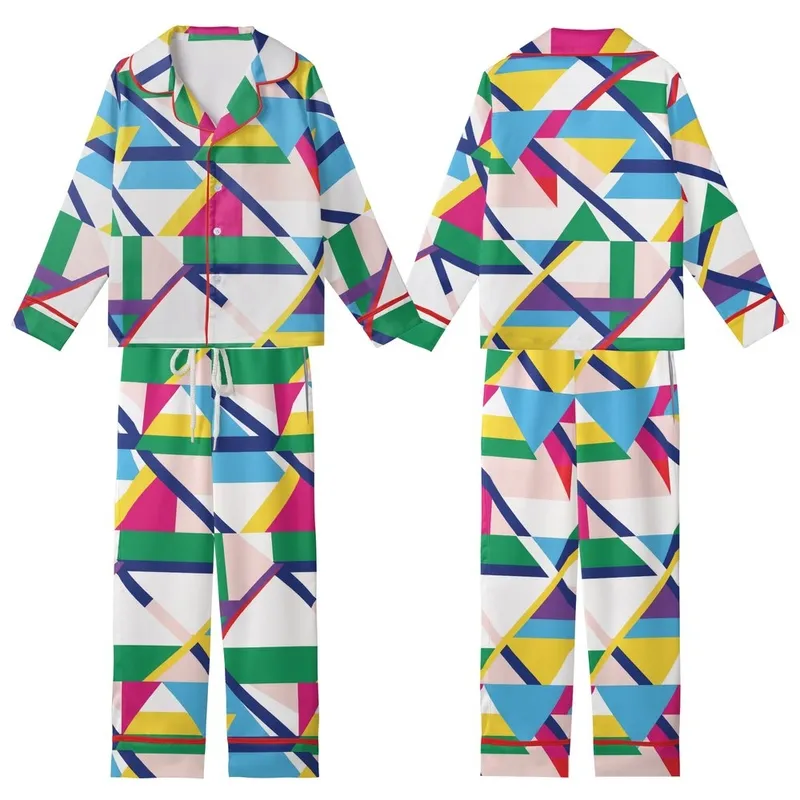 Vibrant Style Enthusiast: Dynamic Geometric Stripe - Multi-Color Patterned Print Kid Satin Pajamas Set - 1