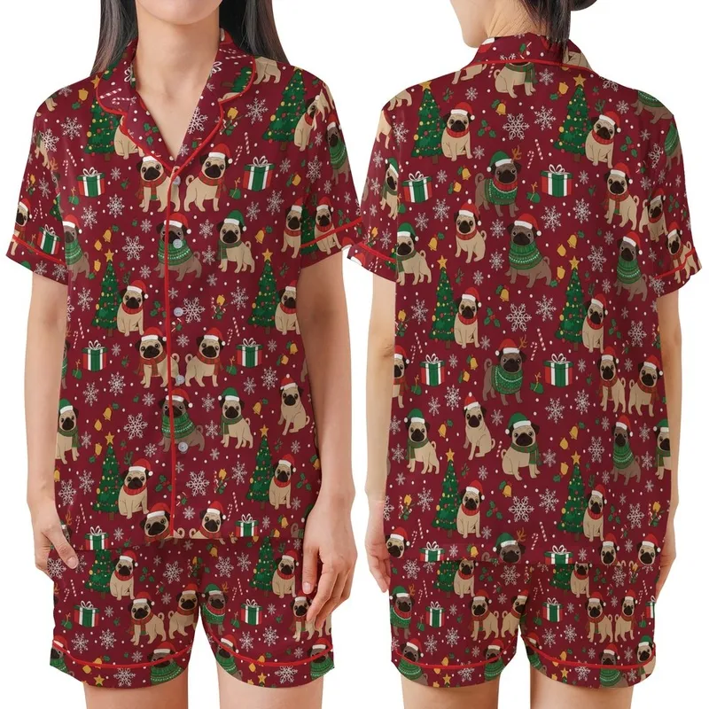 Pug Lover's Merry Pugmas Santa Dog Christmas Tree Print Pajamas Set Satin Short-Sleeve Pajamas Set - 1