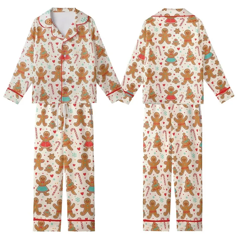 Playful Gingerbread Family Pattern: Holiday Cookie & Candy Cane Wearable Art Kid Satin Pajamas Set - 1