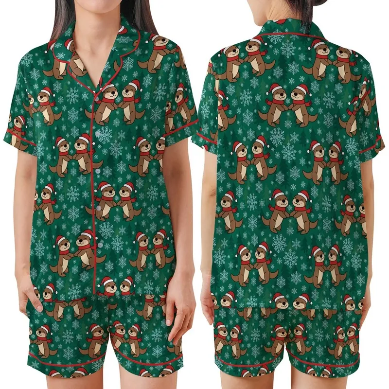 Otter Lovers: Playful Santa Otter & Snowflake Pattern on Forest Green - Festive Wearable Art Satin Short-Sleeve Pajamas Set - 1