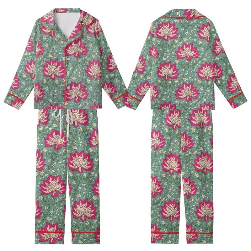 Women's Indian Block Print Sleep Set: Fuchsia Lotus & Olive Vine on Teal Cotton Loungewear Kid Satin Pajamas Set - 1