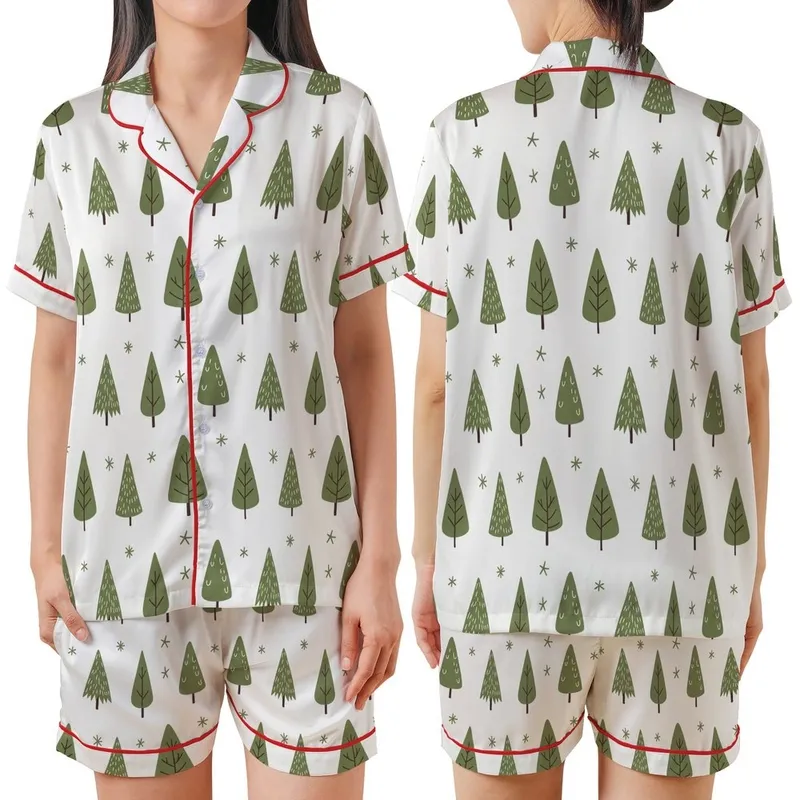 Cozy Winter Style: Whimsical Olive Forest Seamless Pattern - Hand-Drawn Evergreen Textile Art Satin Short-Sleeve Pajamas Set - 1