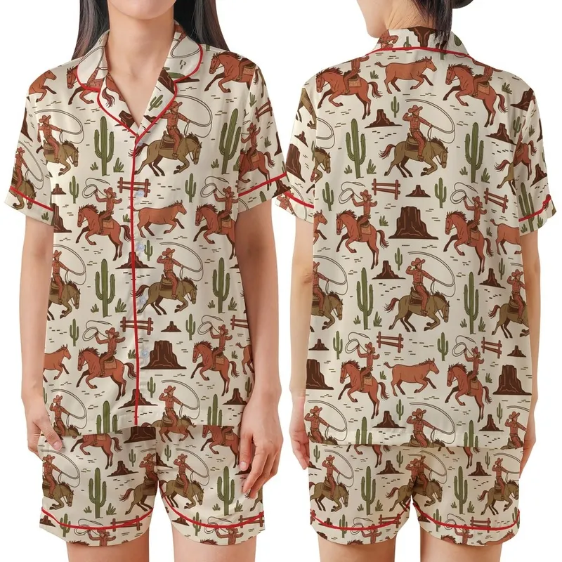 Western Enthusiast Vintage Hand-Drawn Rodeo Scene Bucking Bronco Roping Cowboy Desert Pattern Wearable Art Satin Short-Sleeve Pajamas Set - 1