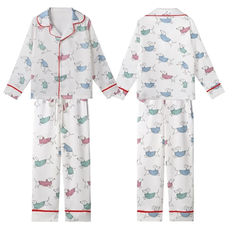 Dachshund Lovers' Whimsical Watercolor Dog Pajamas Sleep Set: Playful Teal & Magenta Sweaters Kid Satin Pajamas Set - 1