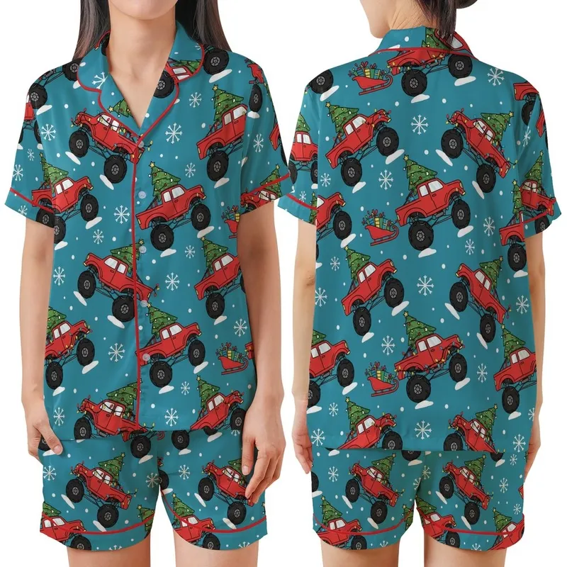 Christmas Monster Truck Pattern: Playful Teal Design with Red Trucks, Trees, & Sleighs Satin Short-Sleeve Pajamas Set - 1