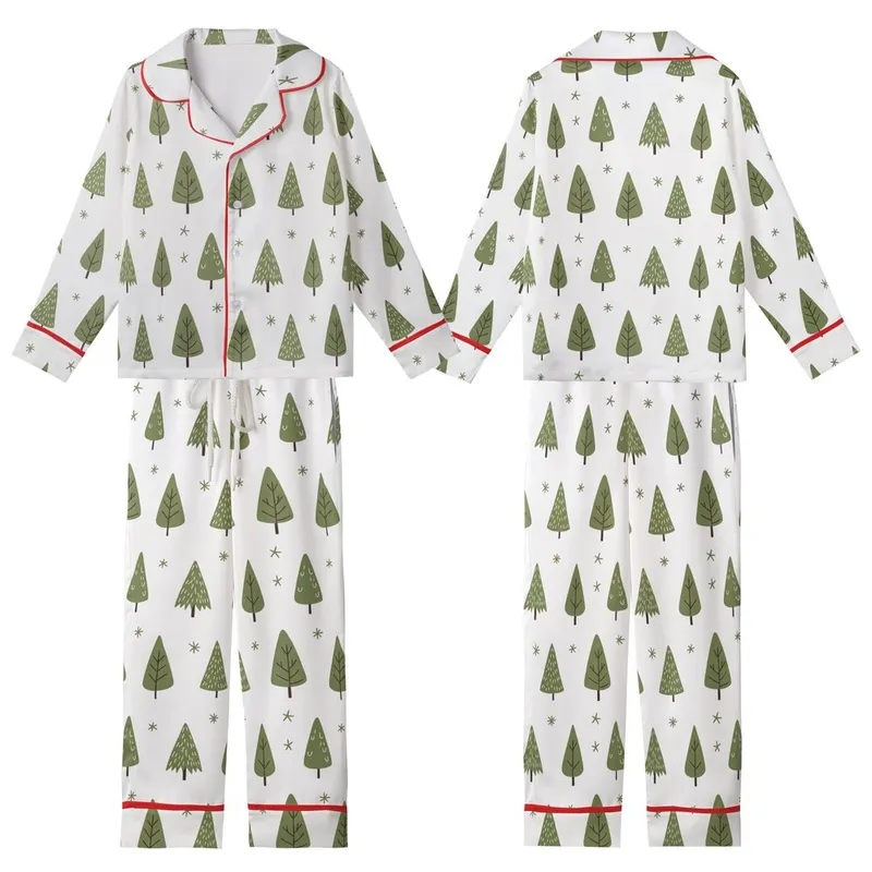 Cozy Winter Style: Whimsical Olive Forest Seamless Pattern - Hand-Drawn Evergreen Textile Art Kid Satin Pajamas Set - 1