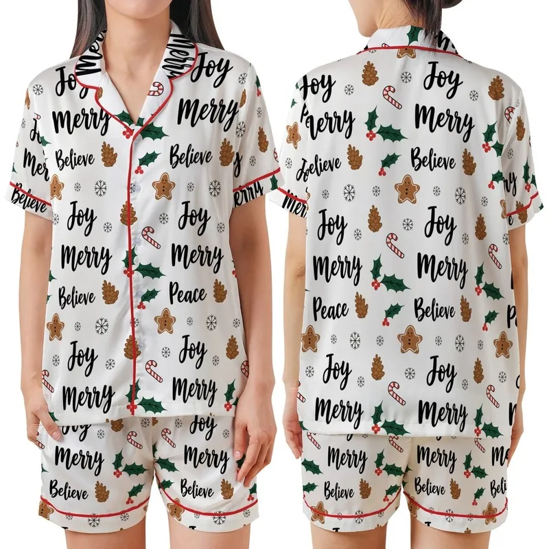 Whimsical Holiday Pattern: Joy Peace Merry Believe Text & Pinecone Holly Art - Seamless Vector Print Satin Short-Sleeve Pajamas Set - 1