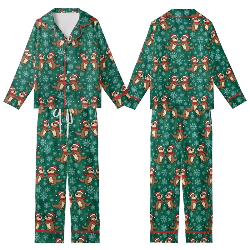 Otter Lovers: Playful Santa Otter & Snowflake Pattern on Forest Green - Festive Wearable Art Kid Satin Pajamas Set - 1