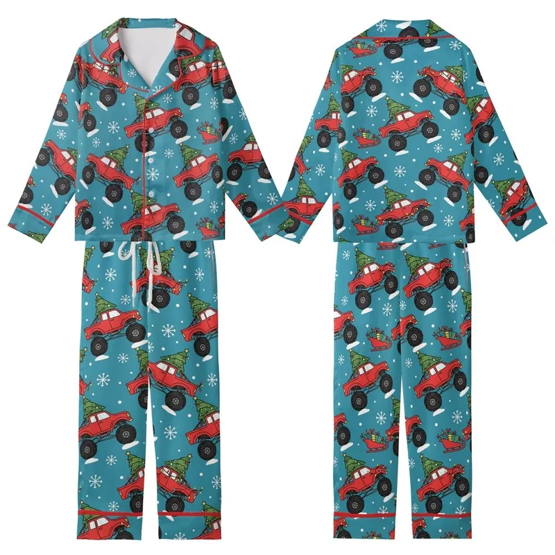 Christmas Monster Truck Pattern: Playful Teal Design with Red Trucks, Trees, & Sleighs Kid Satin Pajamas Set - 1
