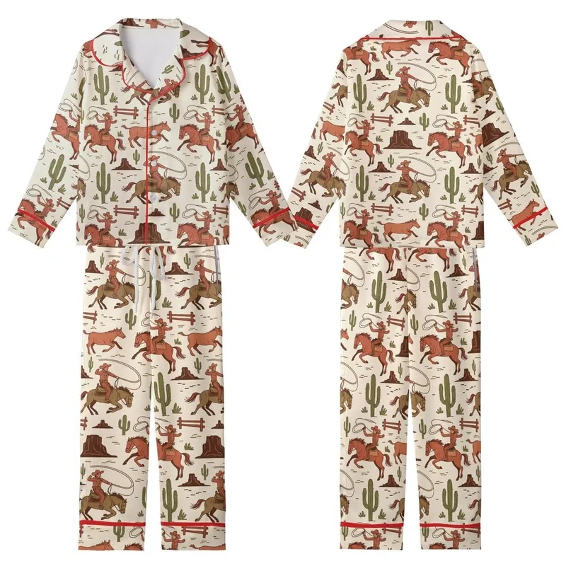 Western Enthusiast Vintage Hand-Drawn Rodeo Scene Bucking Bronco Roping Cowboy Desert Pattern Wearable Art Kid Satin Pajamas Set - 1