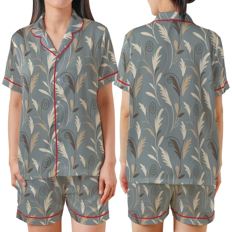 Breastfeeding Merino Wool Sleep Gown: Pampas Grass Muted Grey-Blue Organic Print Satin Short-Sleeve Pajamas Set - 1