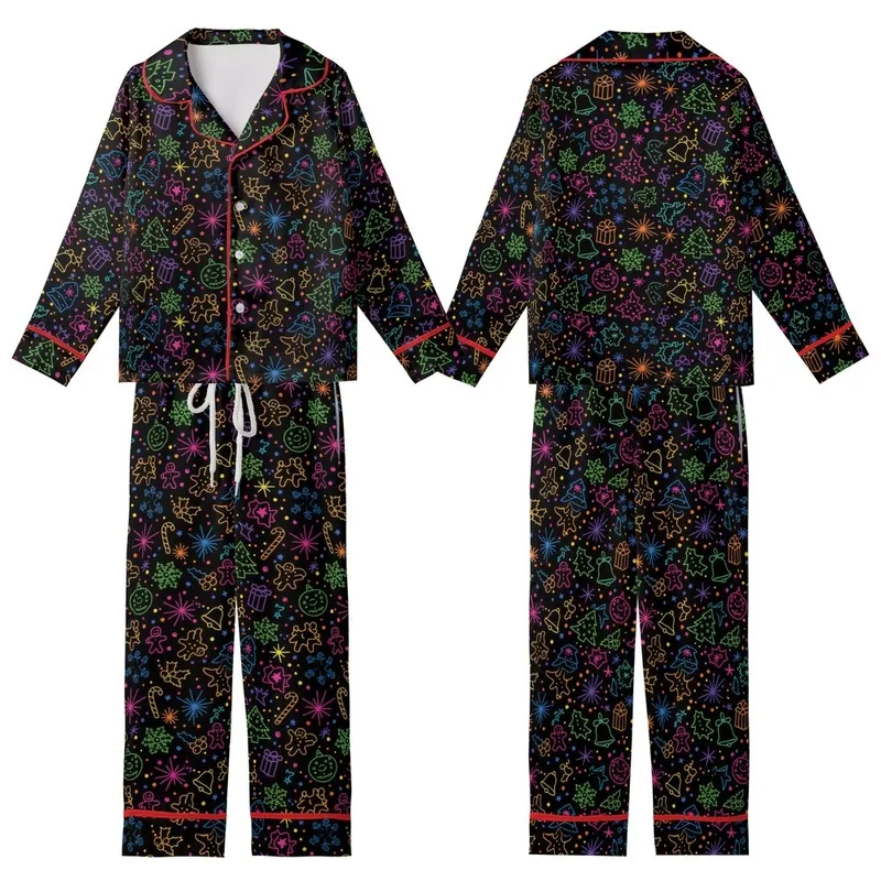 Women's Neon Glow Christmas Pajama Set: Vibrant Festive Pattern with Gingerbread & Starbursts Kid Satin Pajamas Set - 1