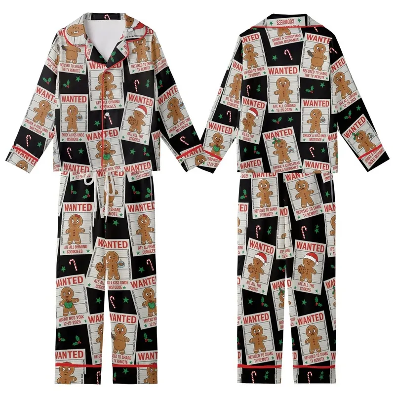 Holiday Enthusiast Gingerbread: Wanted Poster Festive Antics Collage - Whimsical Black Red Green Design Kid Satin Pajamas Set - 1