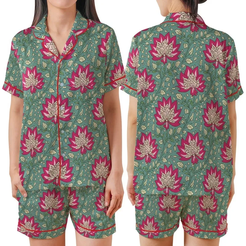 Women's Indian Block Print Sleep Set: Fuchsia Lotus & Olive Vine on Teal Cotton Loungewear Satin Short-Sleeve Pajamas Set - 1