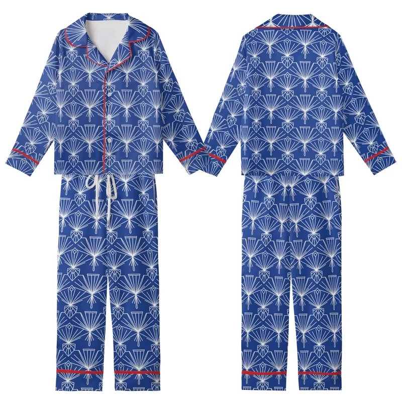Art Deco Enthusiasts' Rich Royal Blue Elegant Abstract Geometric Seamless Pattern with White Fan Arch Motifs Kid Satin Pajamas Set - 1