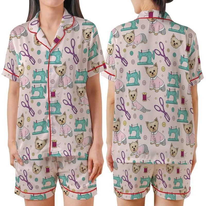 Pet Satin Pajamas: Pink Teal Yorkie Dog Sewing Machine Design XXS-XXL Bundle Satin Short-Sleeve Pajamas Set - 1
