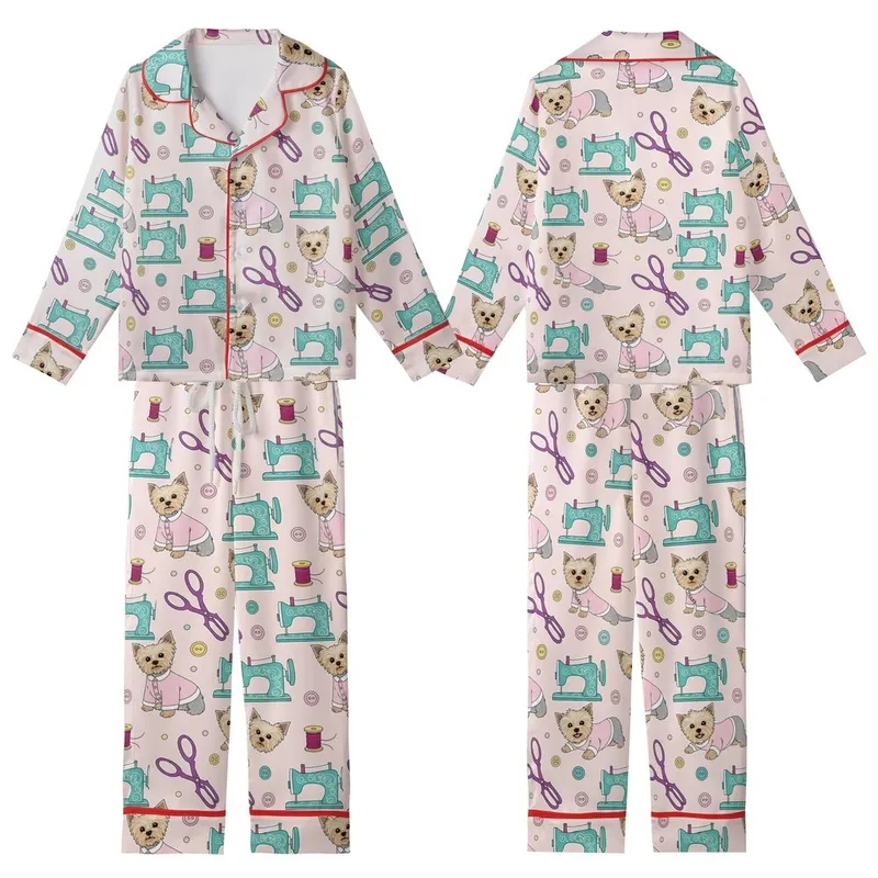Pet Satin Pajamas: Pink Teal Yorkie Dog Sewing Machine Design XXS-XXL Bundle Kid Satin Pajamas Set - 1