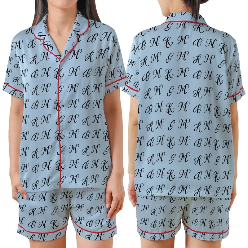 Elegant Monogram Style: Sky Blue Hand-Drawn Initial Pattern - Seamless Print Design Satin Short-Sleeve Pajamas Set - 1