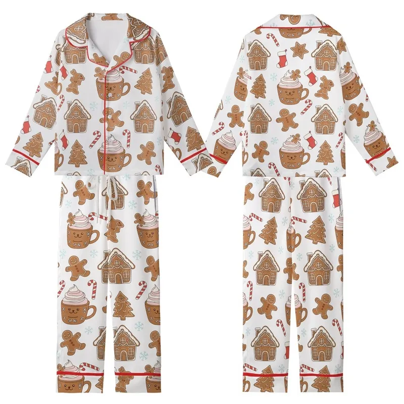 Women's Whimsical Gingerbread Man & Hot Cocoa Festive Poly-Spandex Sleep Set Kid Satin Pajamas Set - 1
