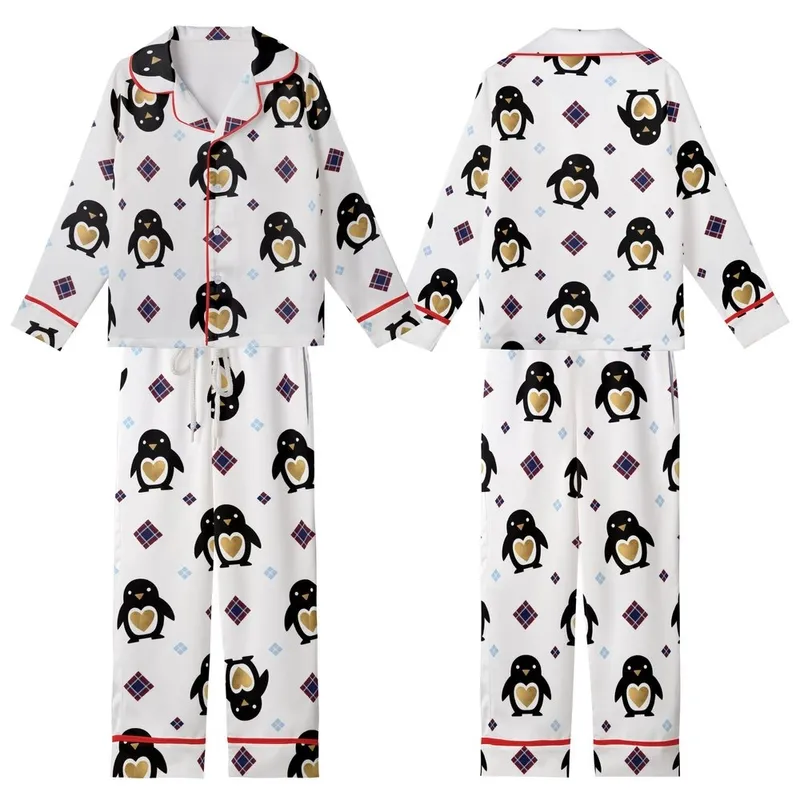 Modern Style Lovers Stylized Minimalist Black Penguin Gold Heart White Background Tartan Plaid Crimson Navy Pattern Kid Satin Pajamas Set - 1