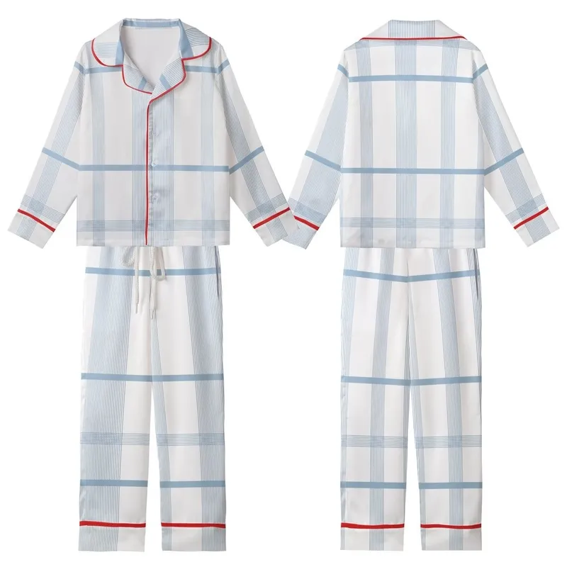 Women's Light Blue Windowpane Plaid Muslin Cotton Summer Lounge Sleepwear Set Kid Satin Pajamas Set - 1