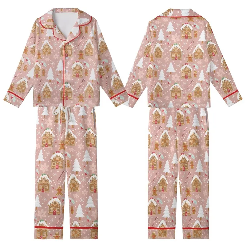 Blush Pink Gingerbread Village: Frosted Houses, Gumdrop Roofs, Snowflakes & Holly Pattern Kid Satin Pajamas Set - 1