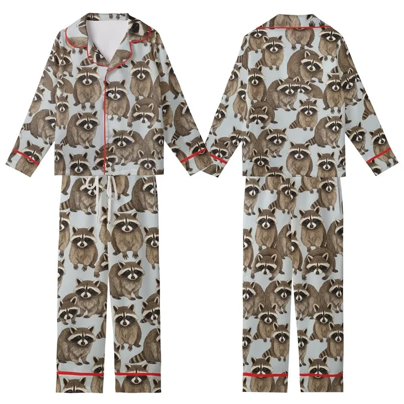 Raccoon Enthusiast's Photorealistic Woodland Repeat Pattern - Pale Grey Wildlife Design Kid Satin Pajamas Set - 1