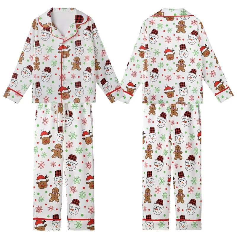 Christmas Pajamas: Hand-Drawn Gingerbread Snowman Reindeer Print - Red Green Holiday Sleep Set Kid Satin Pajamas Set - 1