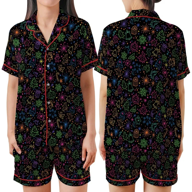 Women's Neon Glow Christmas Pajama Set: Vibrant Festive Pattern with Gingerbread & Starbursts Satin Short-Sleeve Pajamas Set - 1