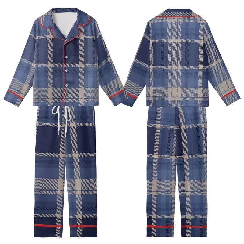 Men's Classic Navy Slate Plaid DIY Loungewear Project - Tartan Sleepwear Template Kid Satin Pajamas Set - 1